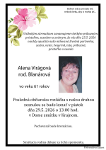 Smútočné oznámenie - Alena Virágová, r. Blanárová 1